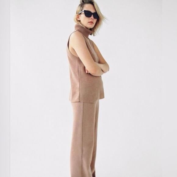ZARA Tan Knit Sleeveless Turtleneck Lounge Set Two Piece Pants Outfit EUC S - Picture 10 of 13